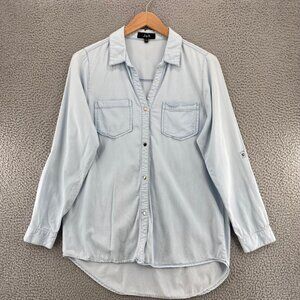 Joh Shirt Womens Large Blue Snap Up Collared Pockets Roll Tab Long Sleeve Casual